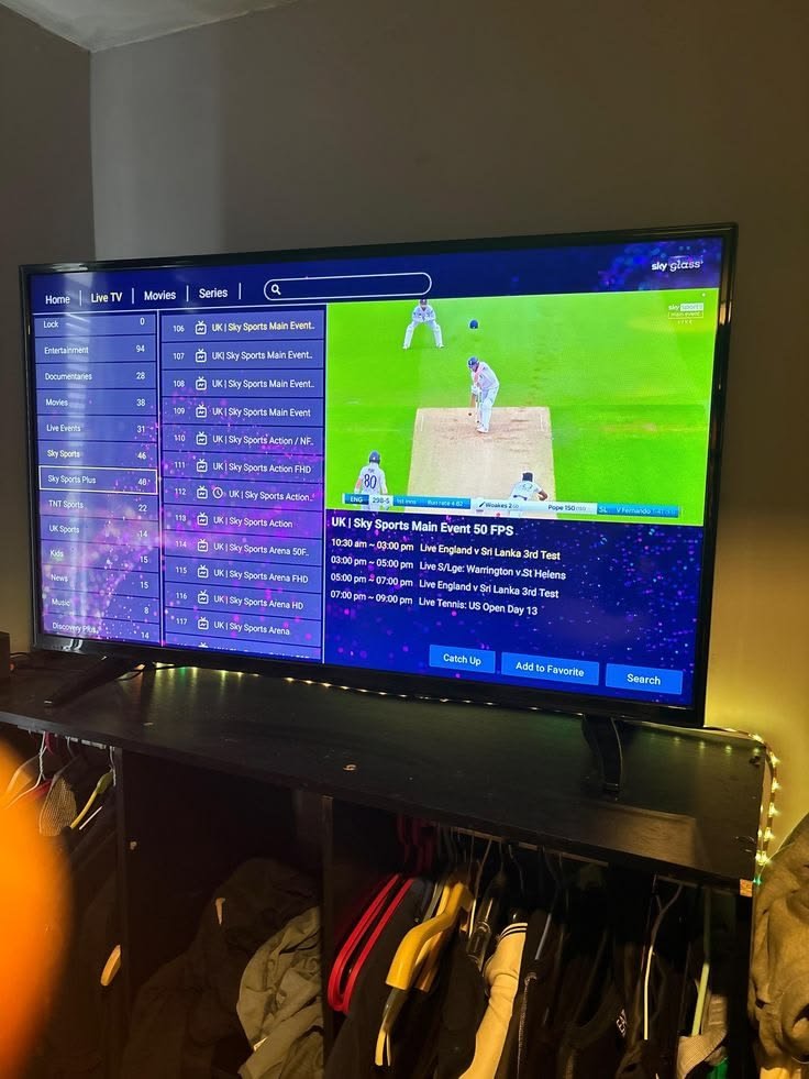 RobotIPTV customer watching live cricket on a Sky Glass TV interface