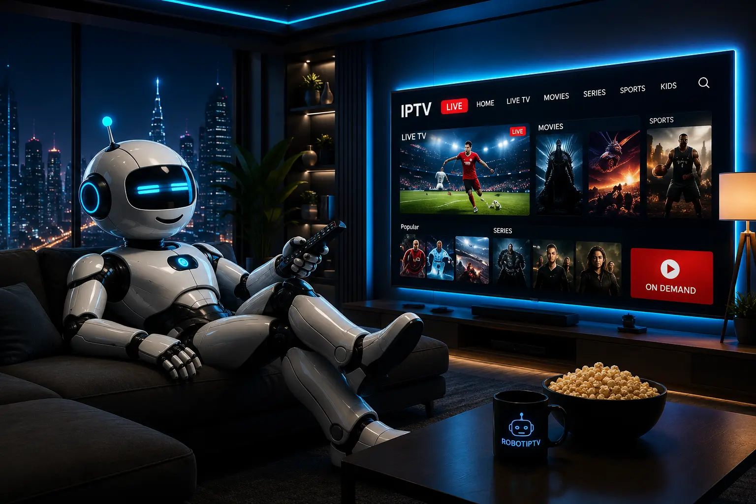 RobotIPTV mascot relaxing on the couch, streaming an IPTV service interface on the TV