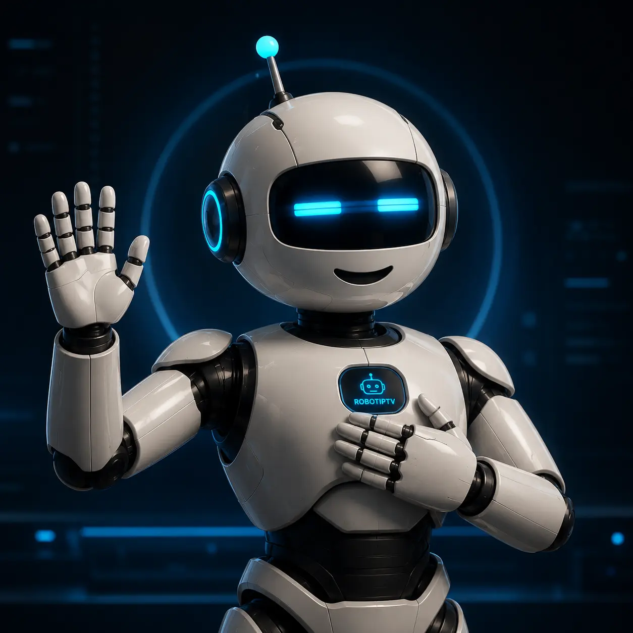 RobotIPTV mascot, a friendly humanoid robot with a glowing cyan visor face, waving hello
