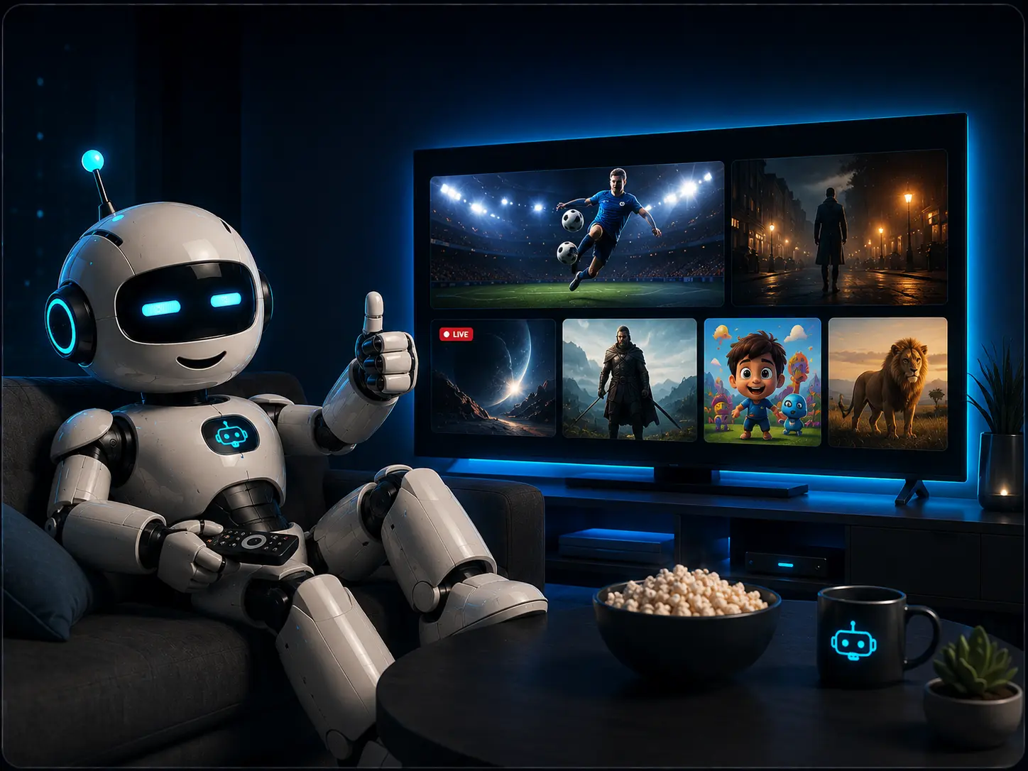 RobotIPTV mascot giving a thumbs up while watching live sports on the TV