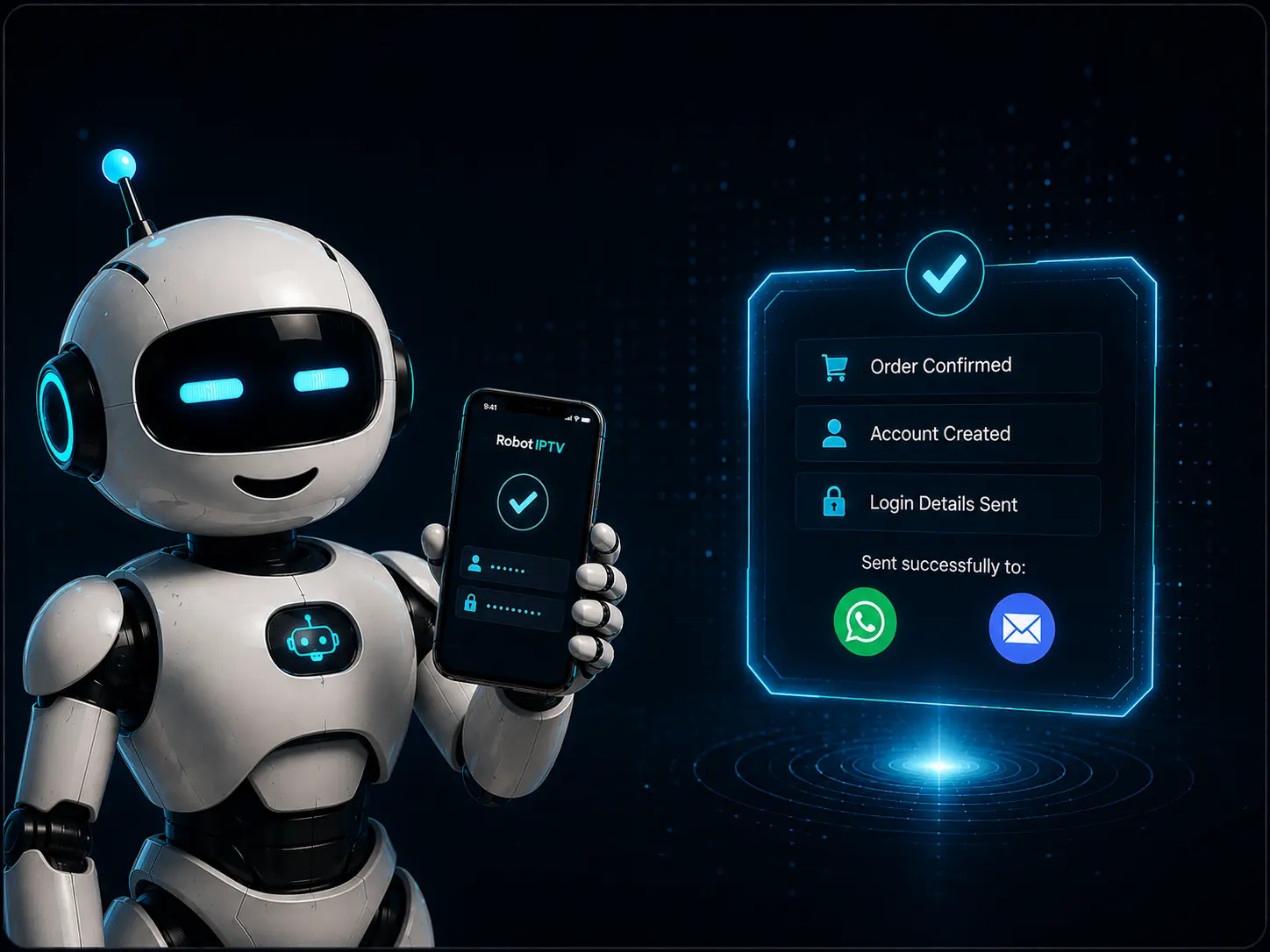 RobotIPTV mascot holding a phone showing order confirmed and login details sent