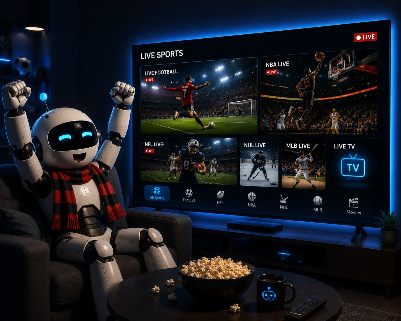 RobotIPTV mascot celebrating while watching a live football match