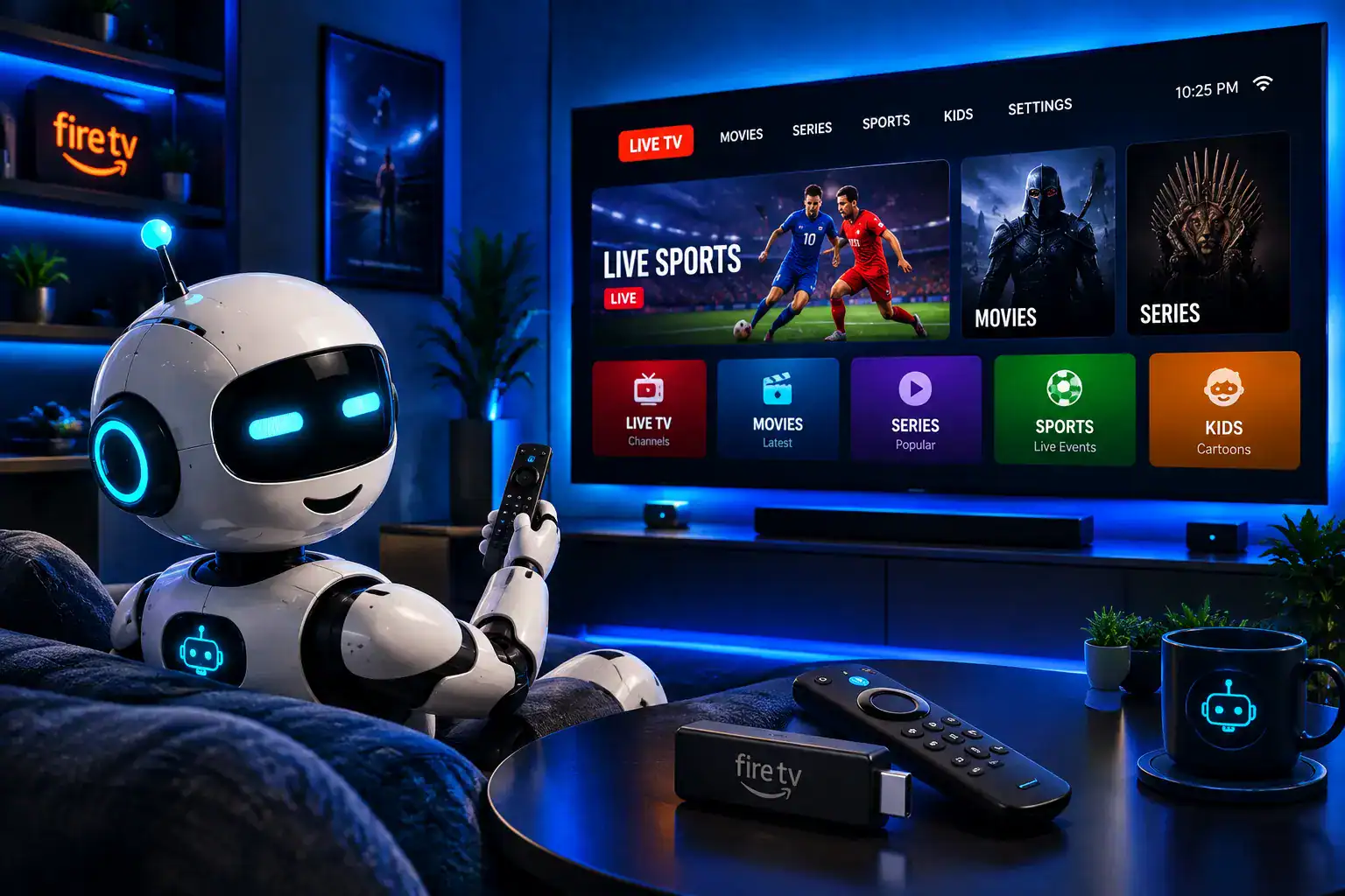 IPTV for Firestick running on a TV, RobotIPTV mascot holding an Amazon Fire TV Stick remote
