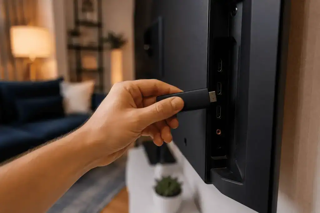 Streaming stick being plugged into the HDMI port of a wall-mounted TV