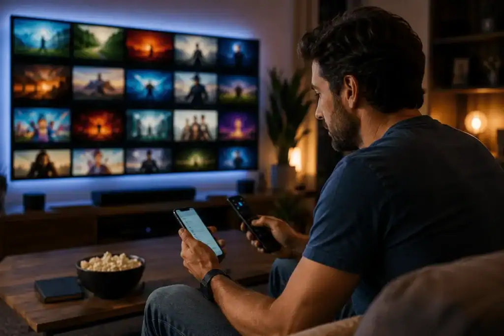 Entering IPTV login details on a TV using a remote and a phone