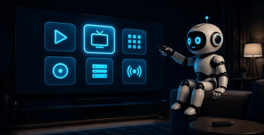 IPTV apps for Firestick shown as app tiles on a TV, with the RobotIPTV mascot