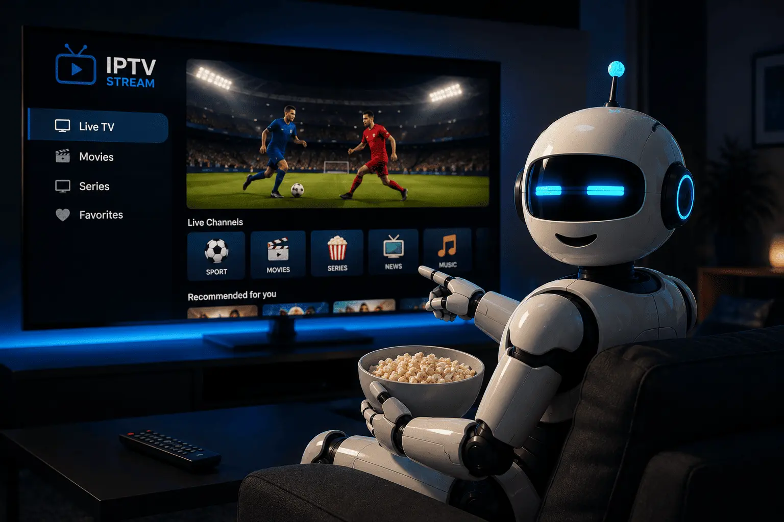 iptv for sports streaming a live match in 4K on a TV with the RobotIPTV mascot