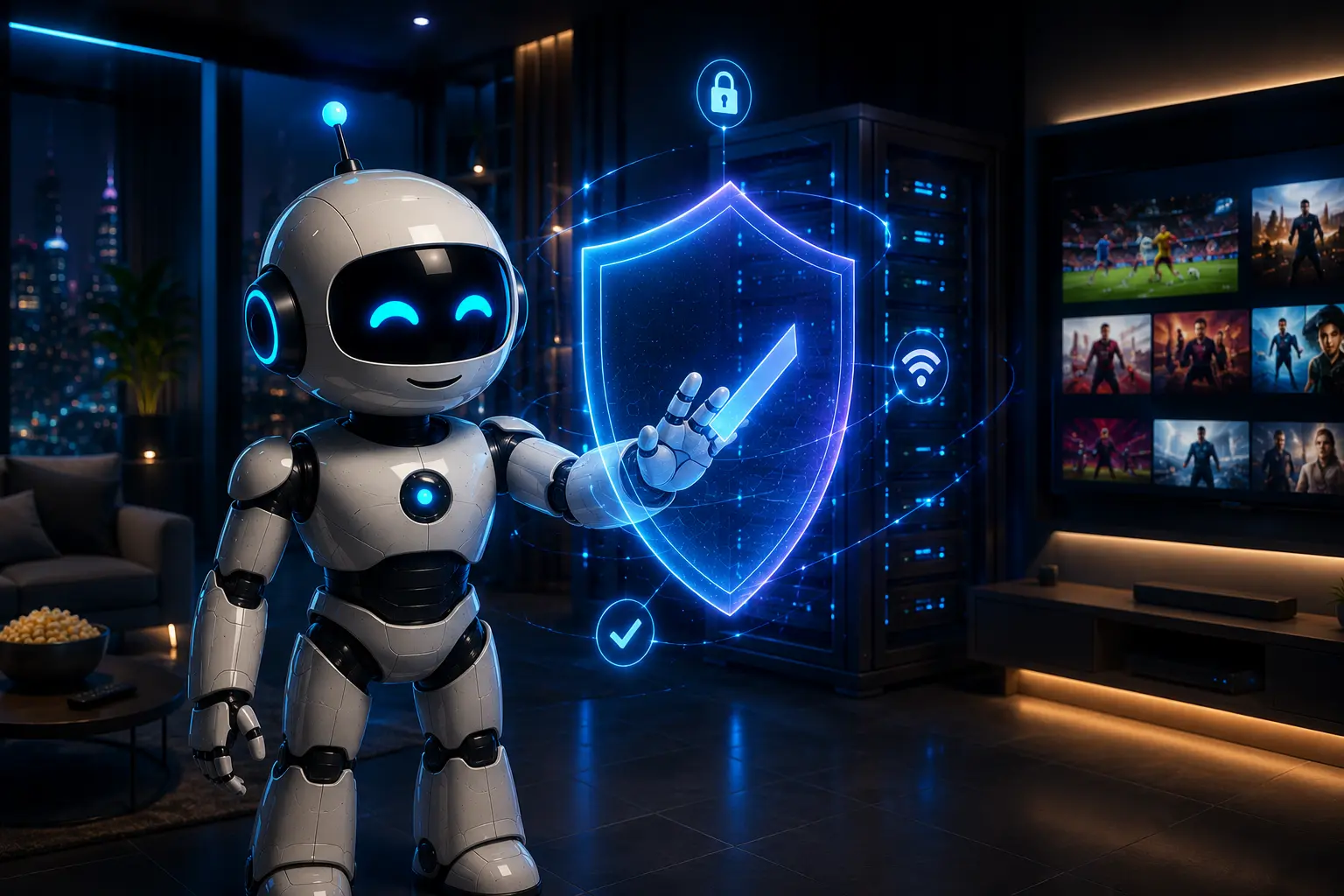 RobotIPTV mascot standing next to a glowing shield icon, representing trust and security