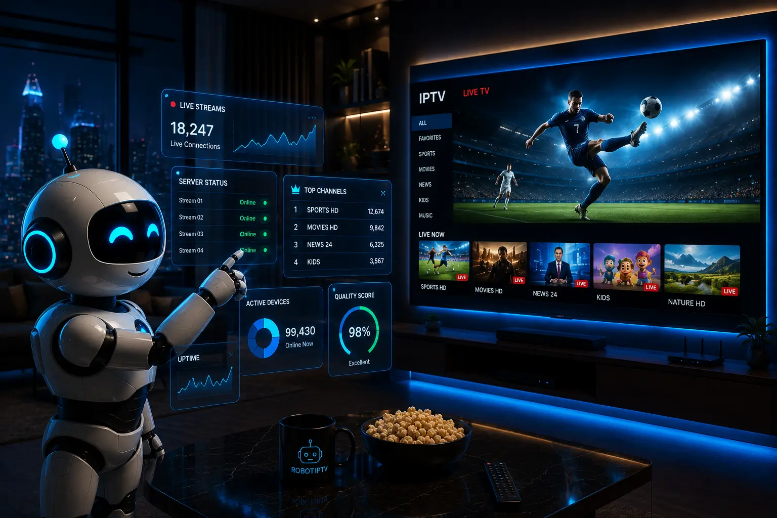 RobotIPTV mascot in a thoughtful pose, representing why the brand was started