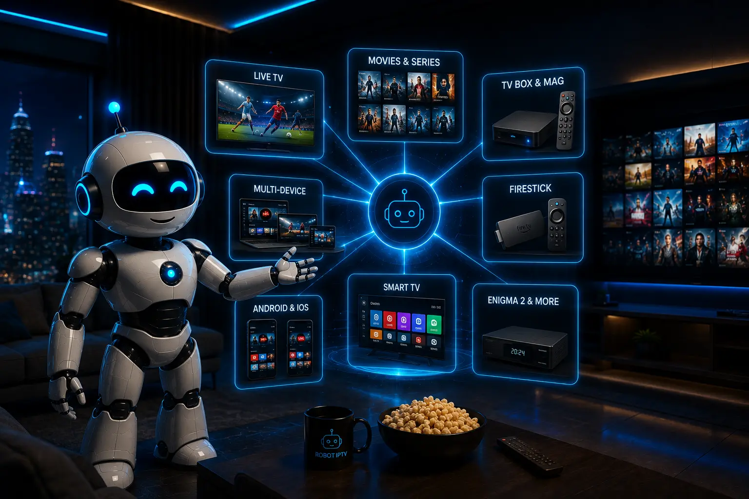 RobotIPTV mascot surrounded by icons representing channels, devices, EPG, and security