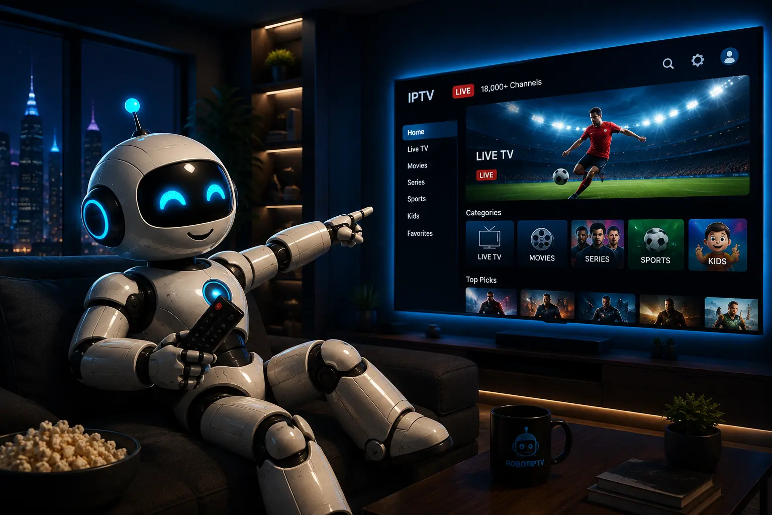 RobotIPTV mascot inviting visitors to get started