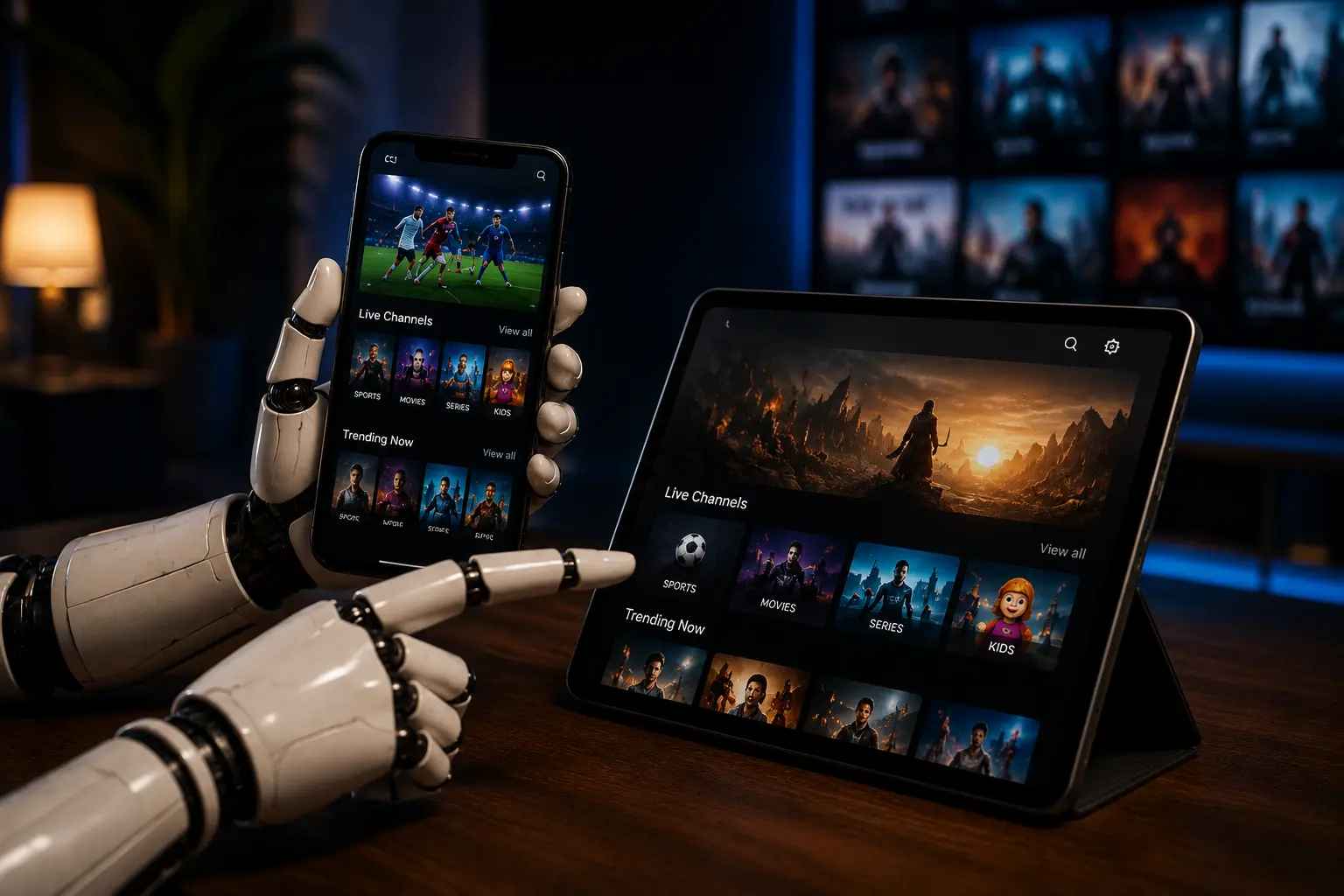 How to install IPTV on Android and iOS — RobotIPTV mascot holding a smartphone with the app interface