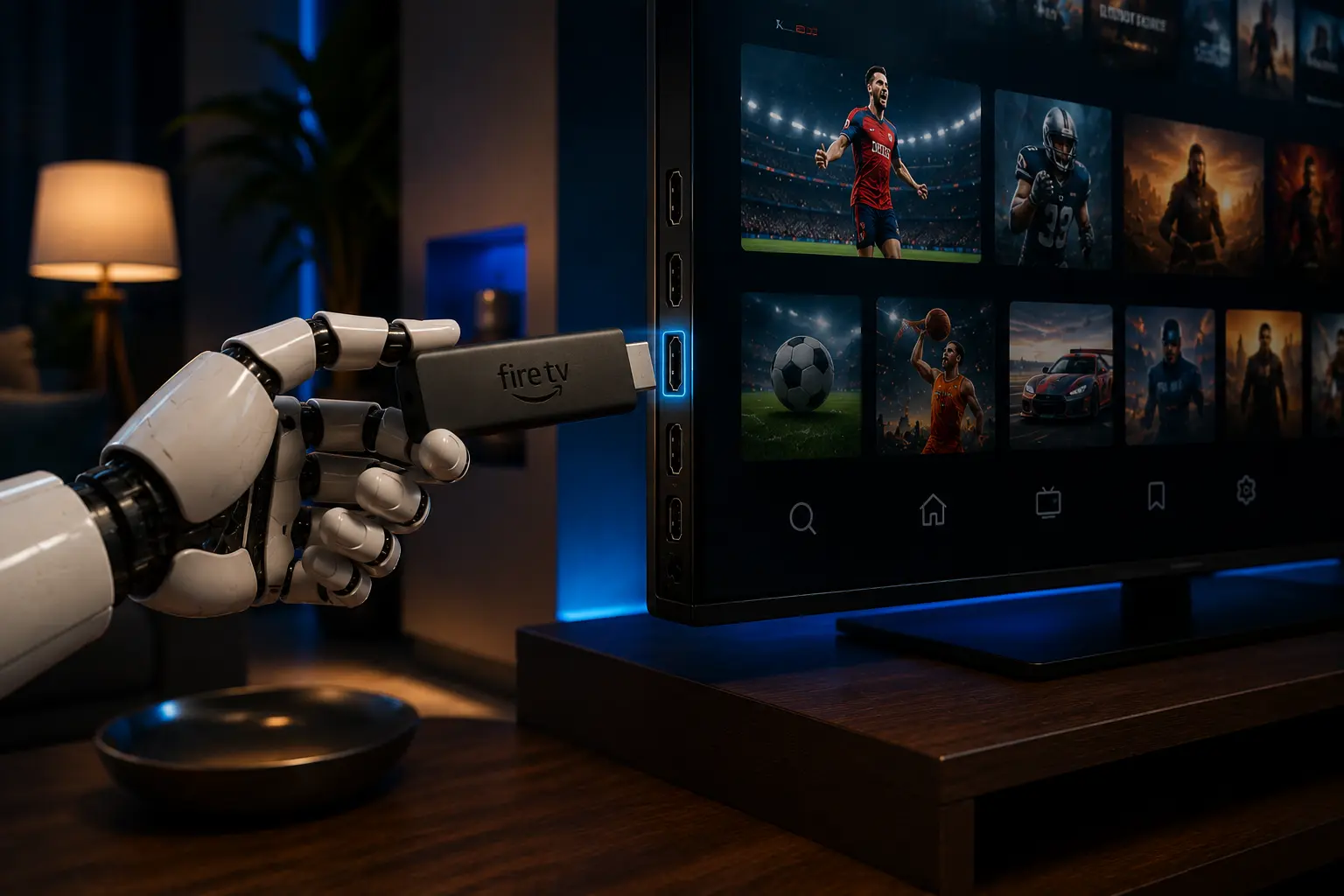 RobotIPTV mascot holding an Amazon Firestick remote