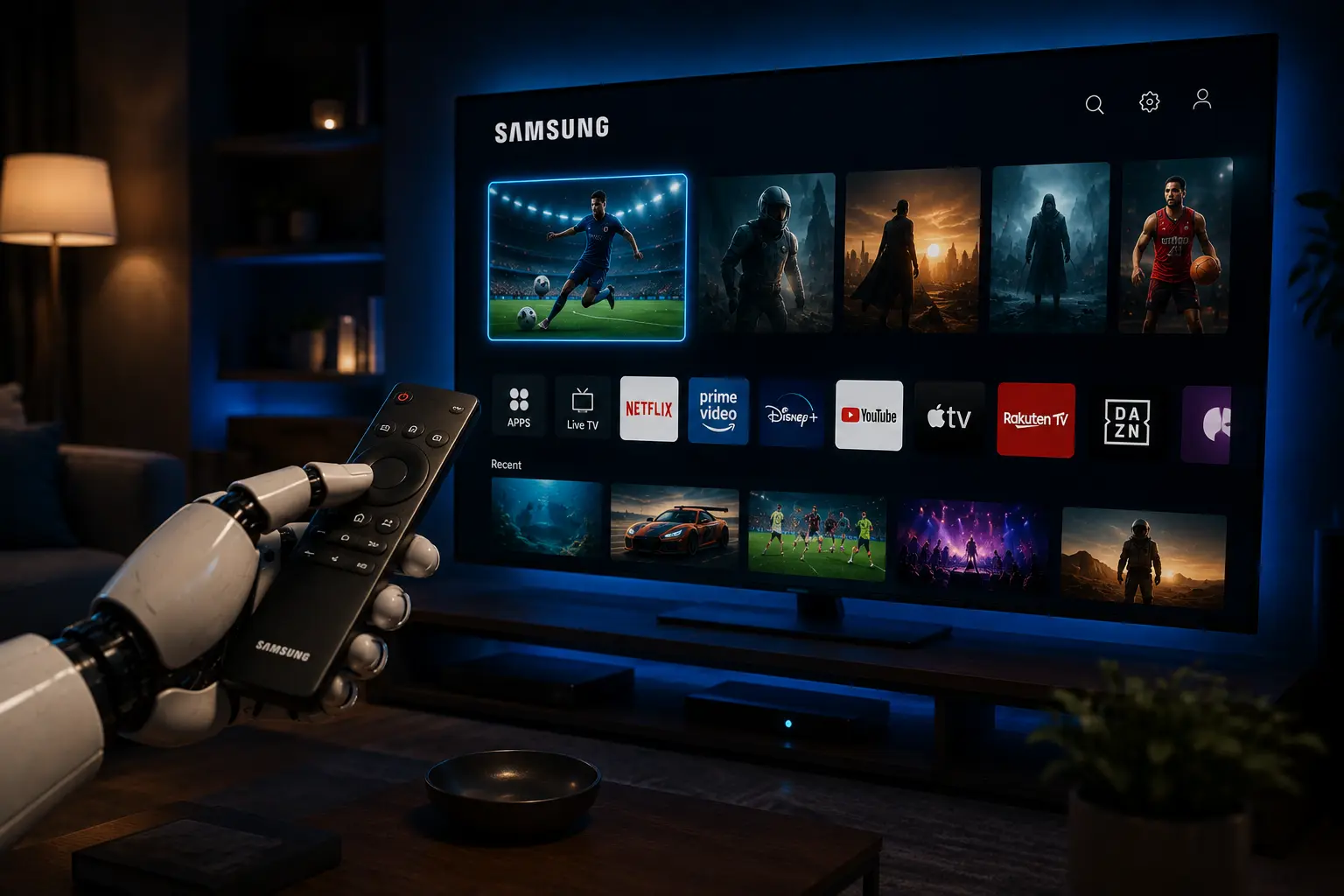 RobotIPTV mascot pointing at a Samsung Smart TV
