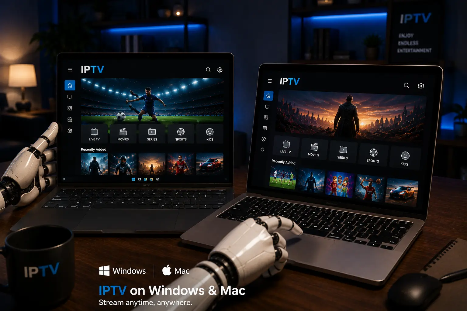 RobotIPTV mascot setting up IPTV on a laptop
