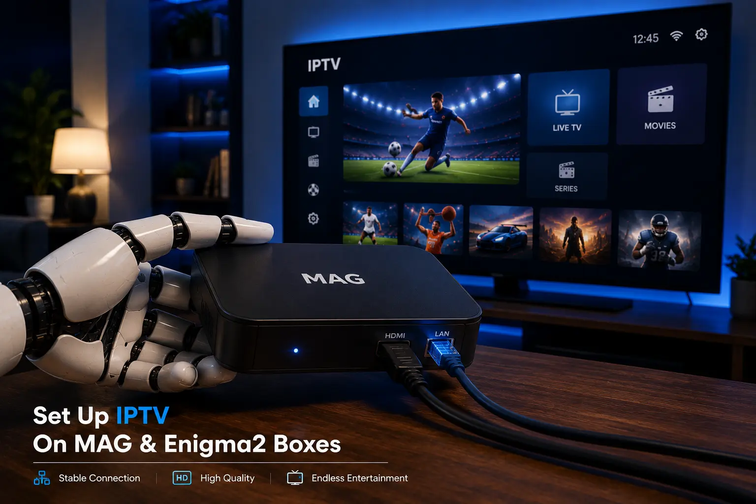 RobotIPTV mascot setting up a MAG IPTV box