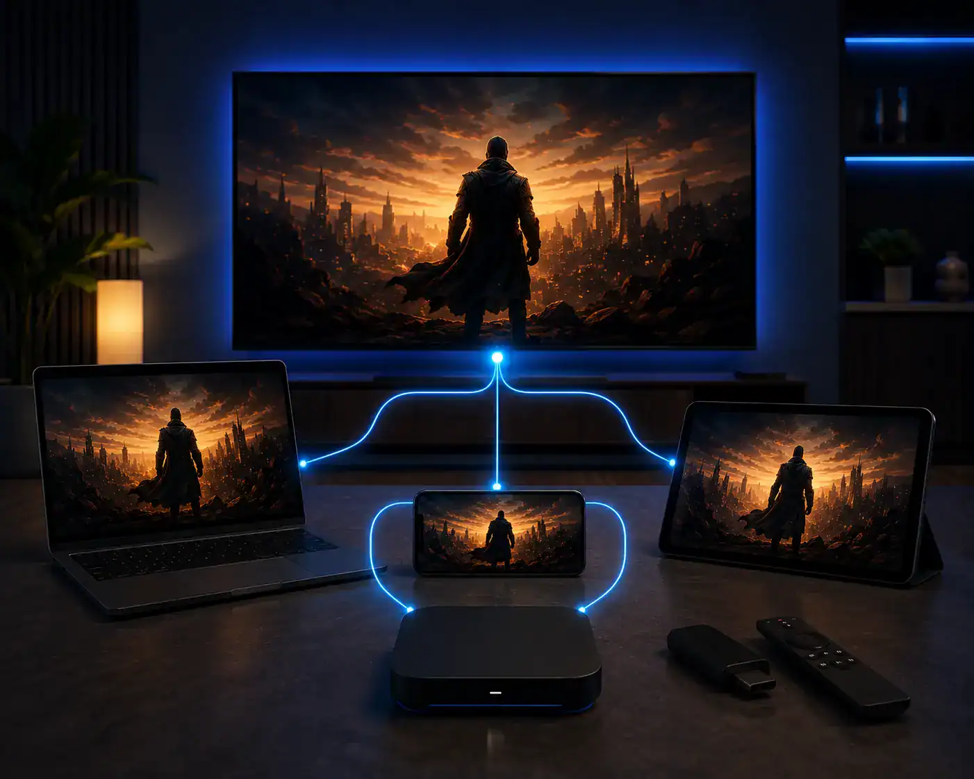 RobotIPTV mascot with 5 glowing device icons, representing the 5-connection premium bundle