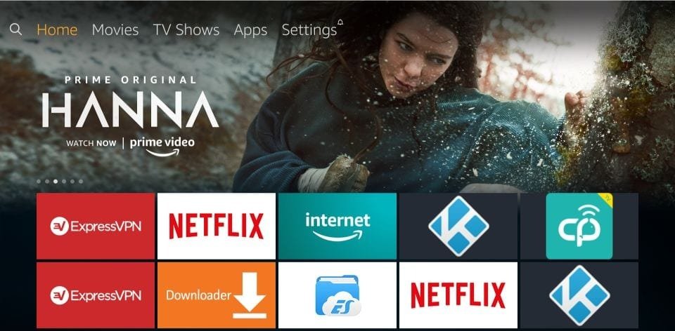 FireStick home screen with Settings selected in the menu bar