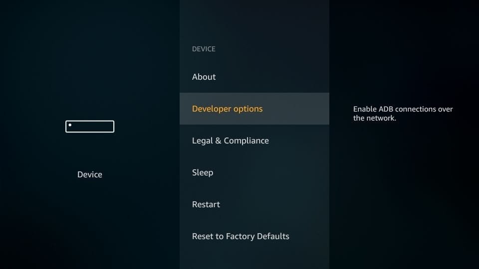 My Fire TV menu with Developer Options selected