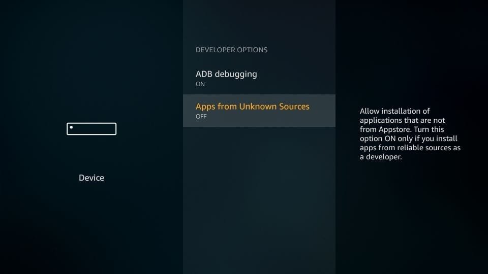 Developer Options screen showing Apps from Unknown Sources toggle