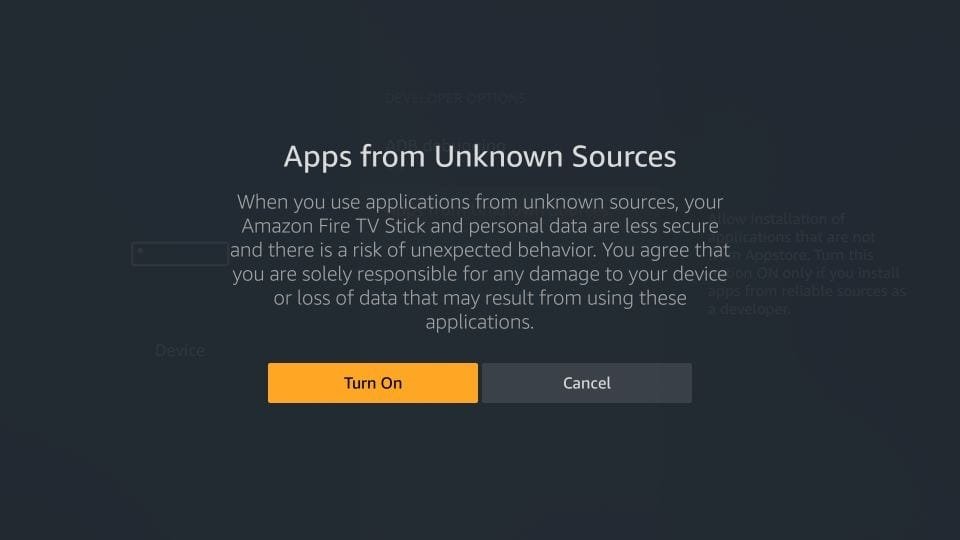 Warning message confirming Apps from Unknown Sources is turned on