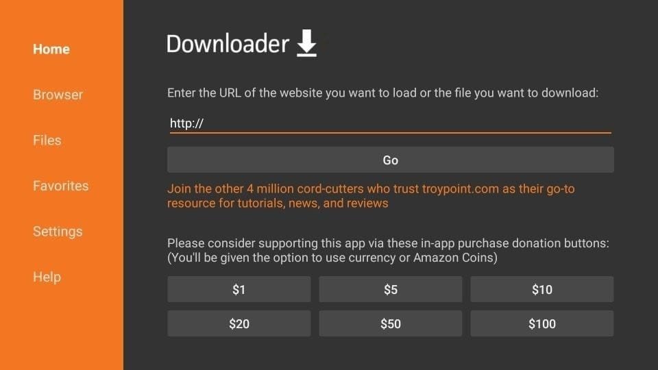 Downloader app home screen with URL field