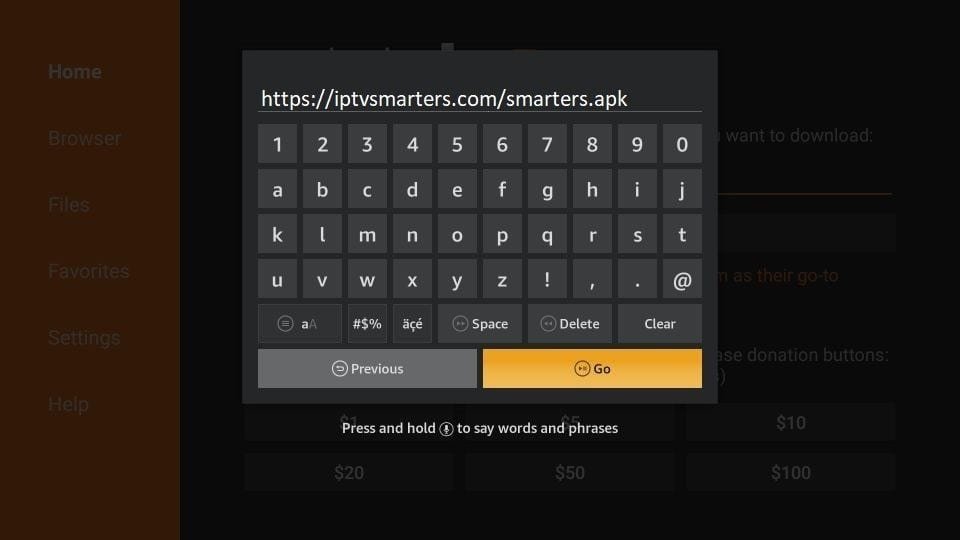 Entering the IPTV Smarters APK URL in Downloader