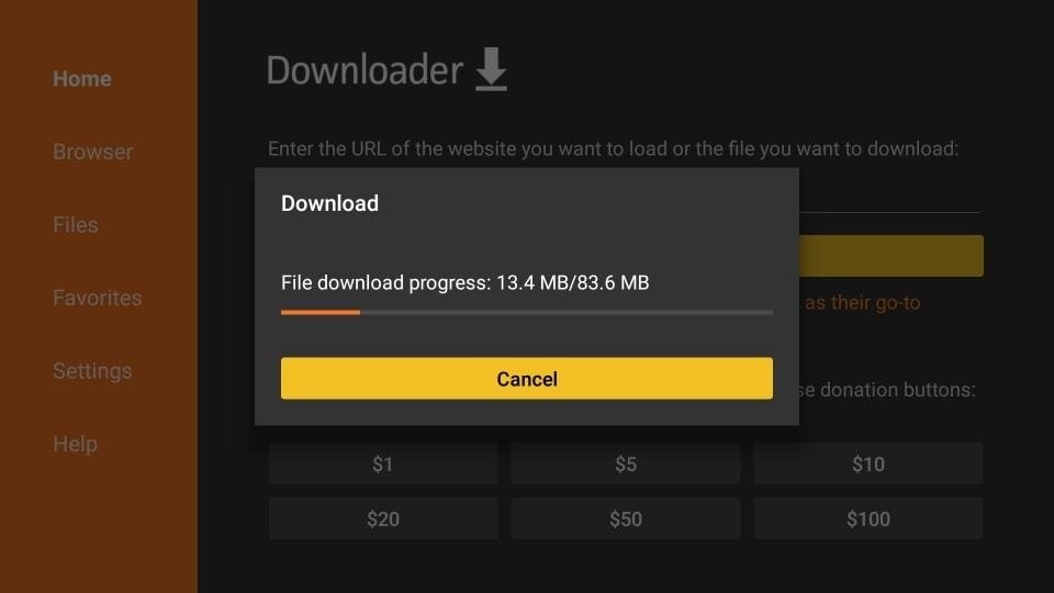 Downloader showing the file download in progress