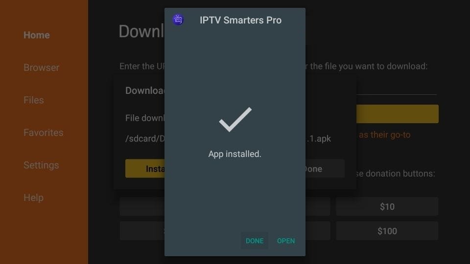 FireStick install complete screen with Done option