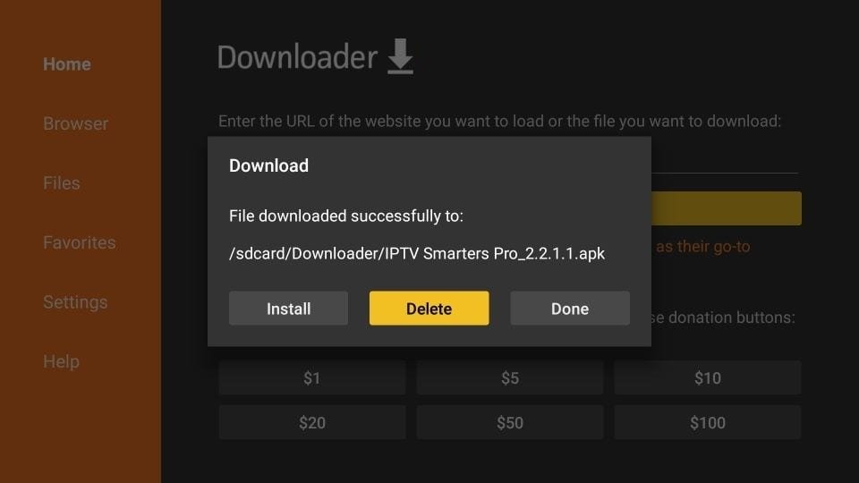 Downloader app showing Delete option for the APK file