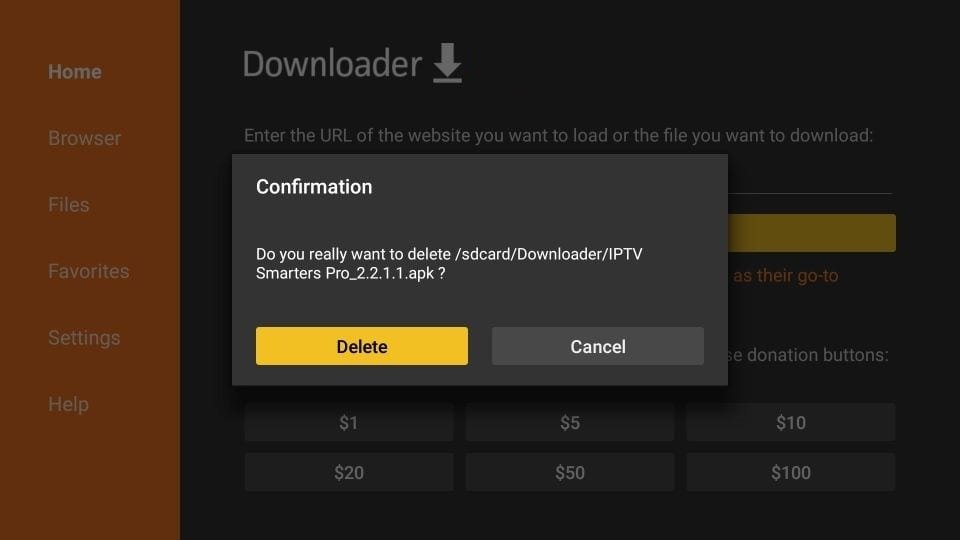 Downloader app confirming APK deletion