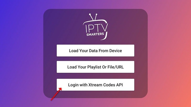 IPTV Smarters app screenshot showing the Login with Xtream Codes API option