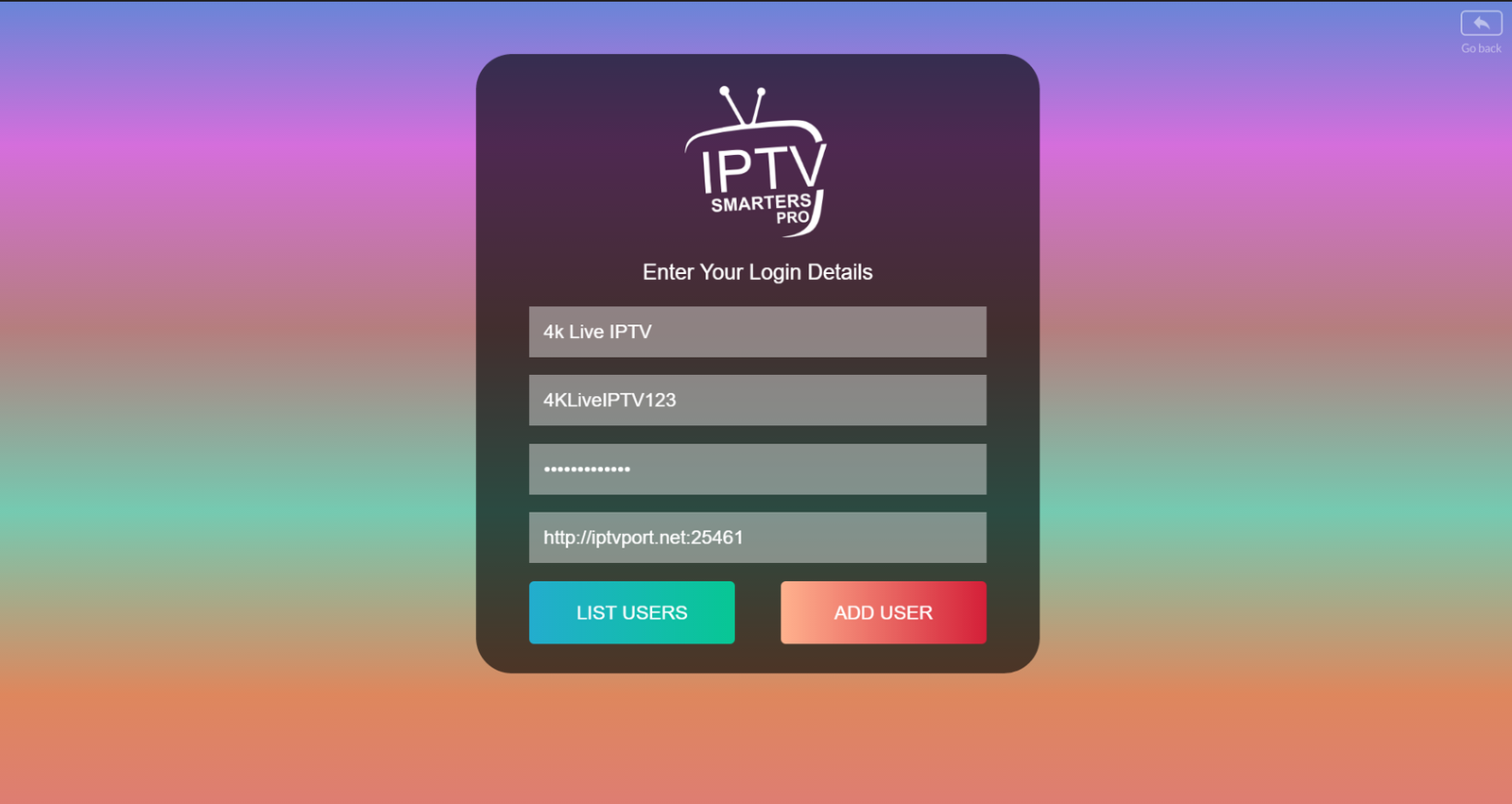 IPTV Smarters app screenshot showing the username, password, and server URL fields