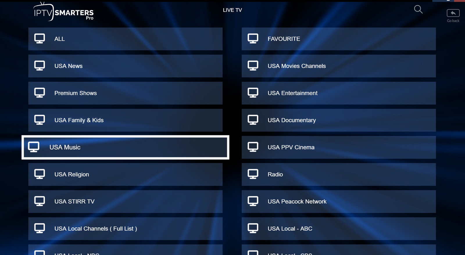 IPTV Smarters app screenshot showing channel groups and channel selection