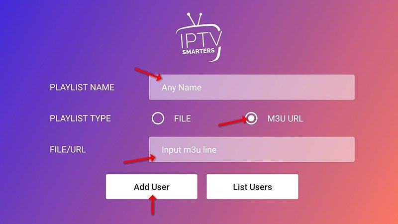 IPTV Smarters app screenshot showing the M3U URL field