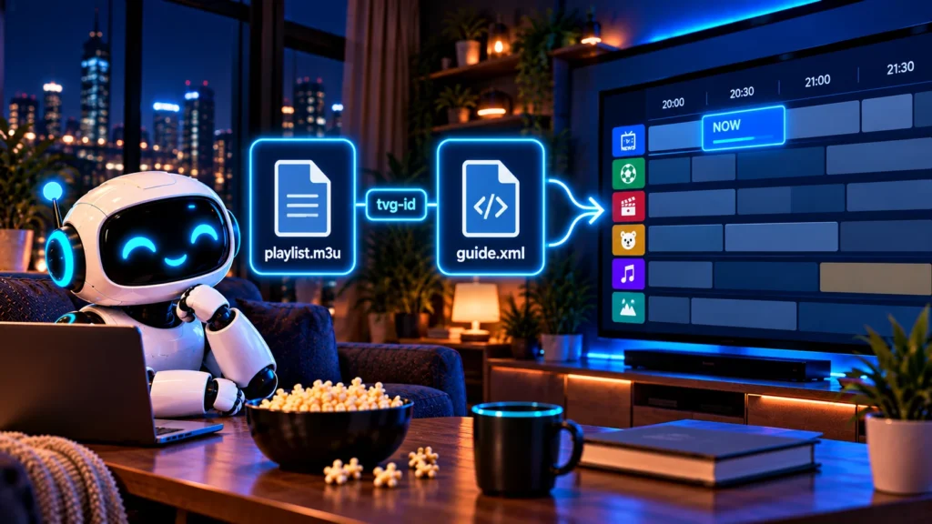 How an IPTV EPG works: the M3U playlist and guide.xml matched by tvg-id show a TV guide
