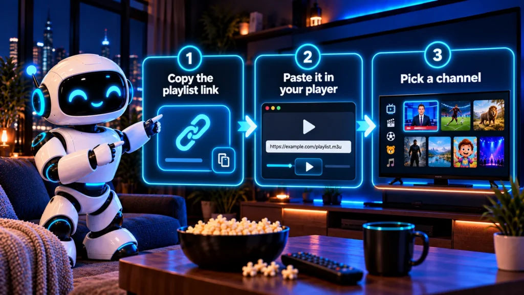 How to use the iptv-org playlist: copy the link, paste it in your player, pick a channel