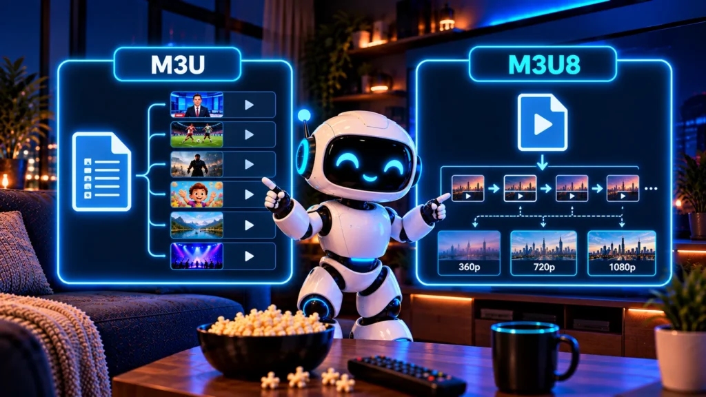 M3U vs M3U8 links: one playlist with many channels compared with one stream split into quality segments