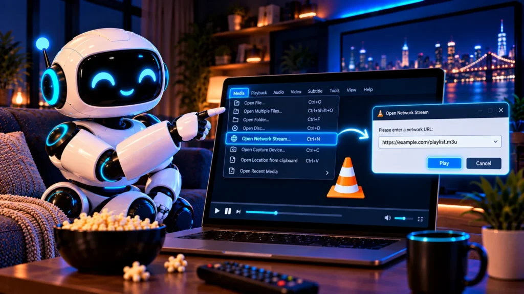 Open M3U in VLC: Media menu with Open Network Stream (Ctrl+N) and a playlist URL